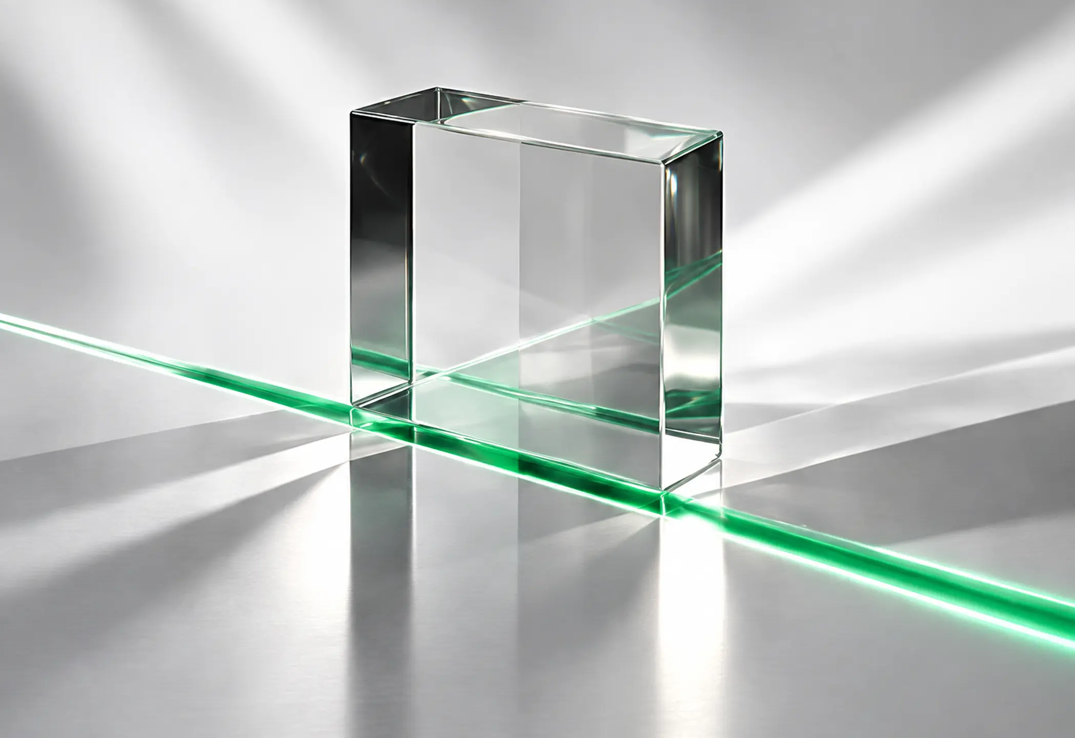 A clear rectangular prism intersected by emerald light