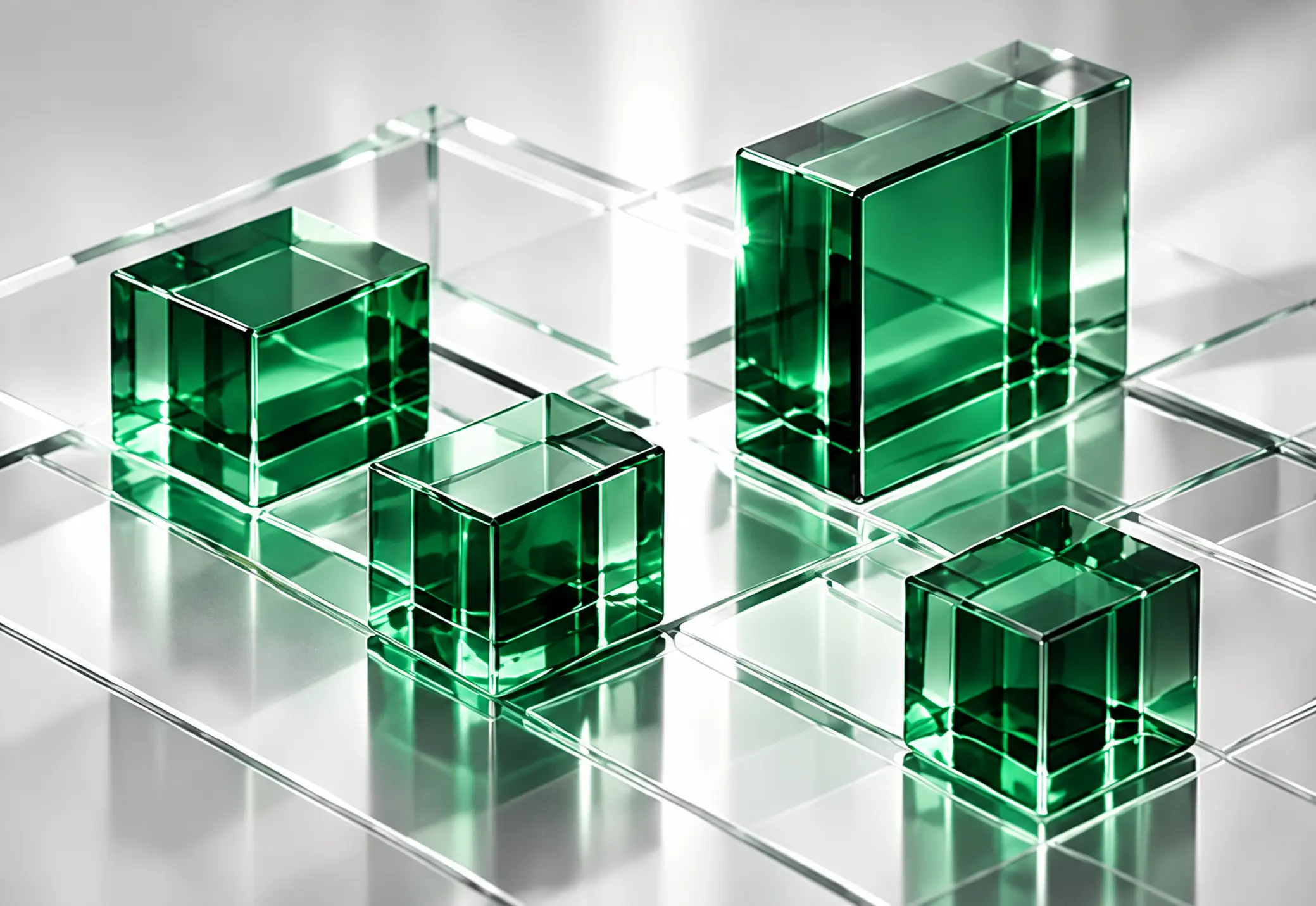 Emerald data objects arranged on clear glass planes