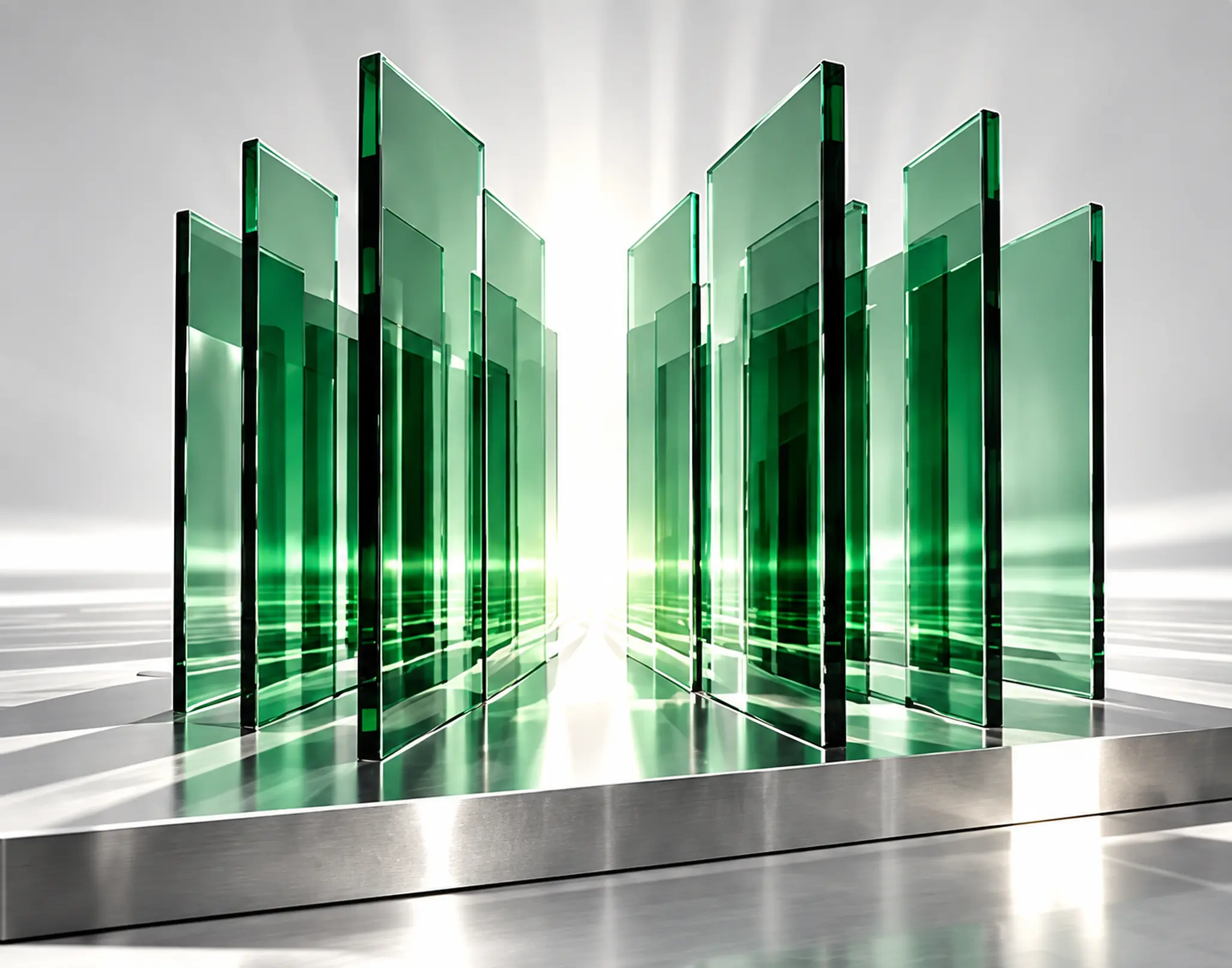 An open space between emerald architectural panels